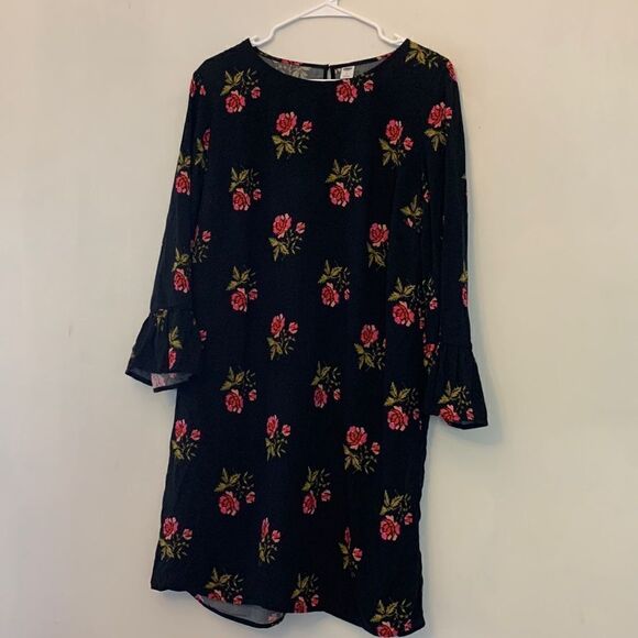 Old Navy black with pink flowers long sleeve dress Bell sleeves Size L - Picture 1 of 6